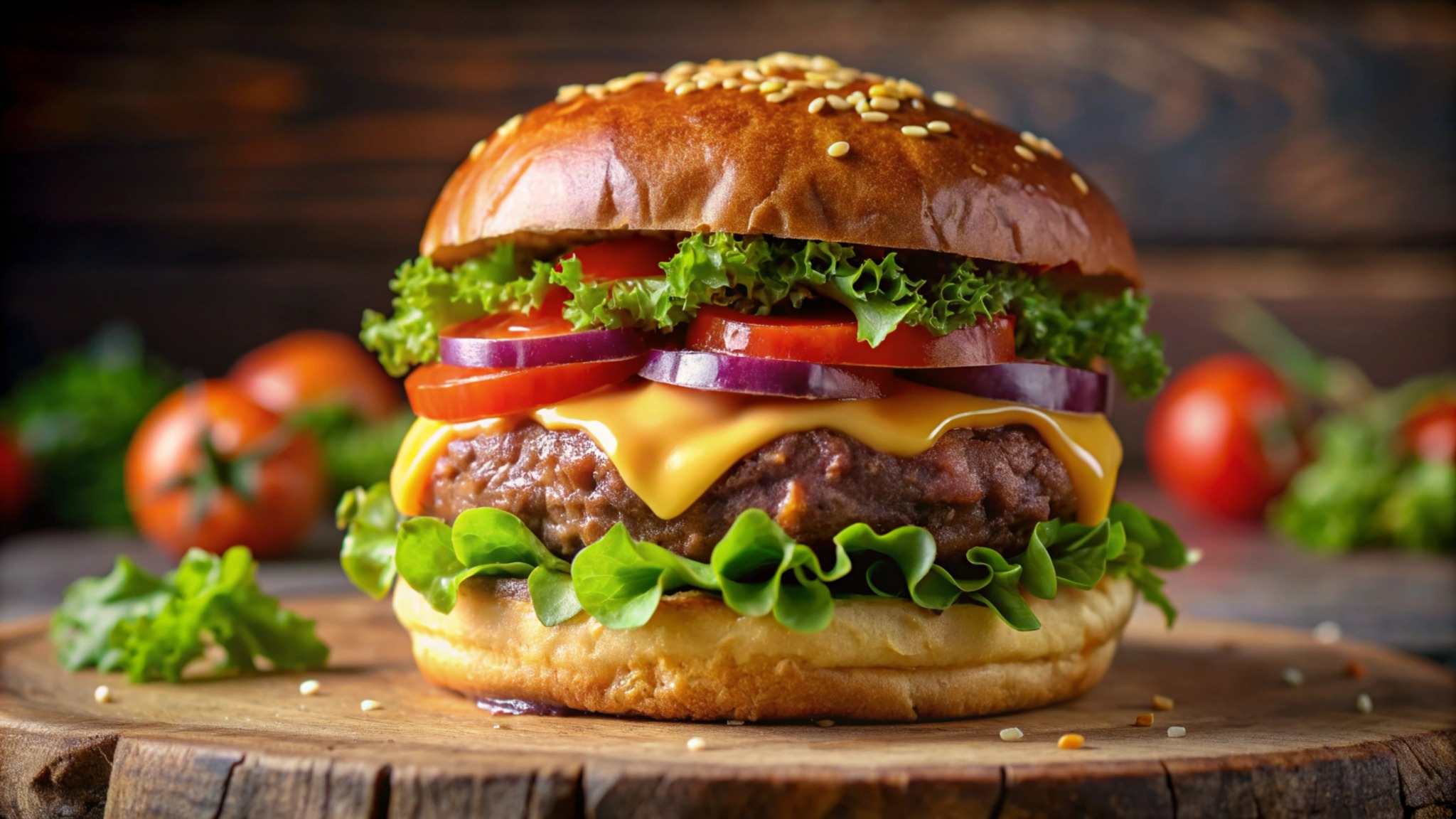 Cheeseburger artesanal sobre tábua de madeira